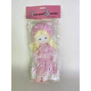 VTG Cloth Fabric Doll Yarn Hair Pink Dress Bonnet Treasured Dreams Kid Duds 1988